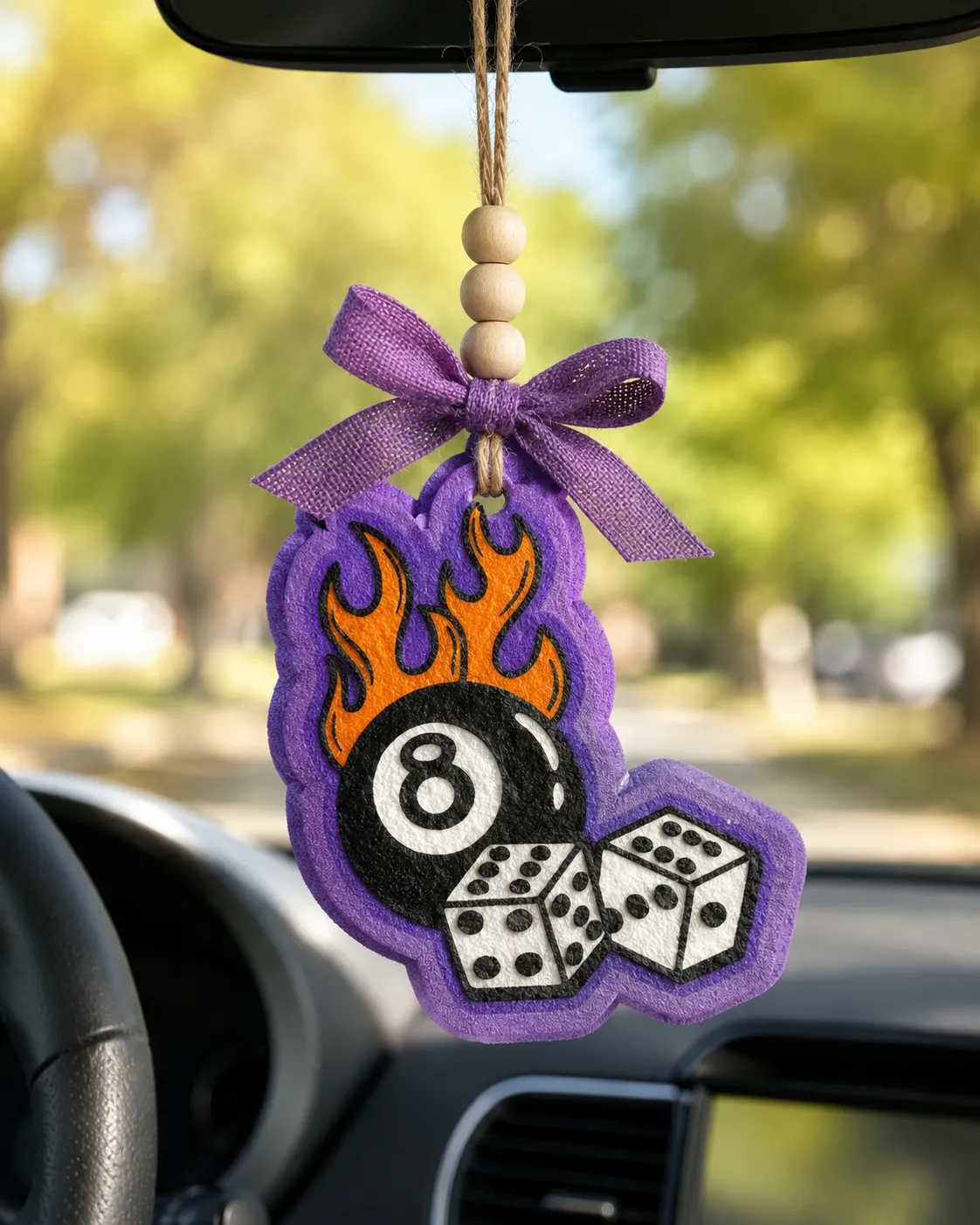 Handmade 8 ball and dice shaped scented car freshie air freshener hanging from a rearview mirror, billiards pool novelty design