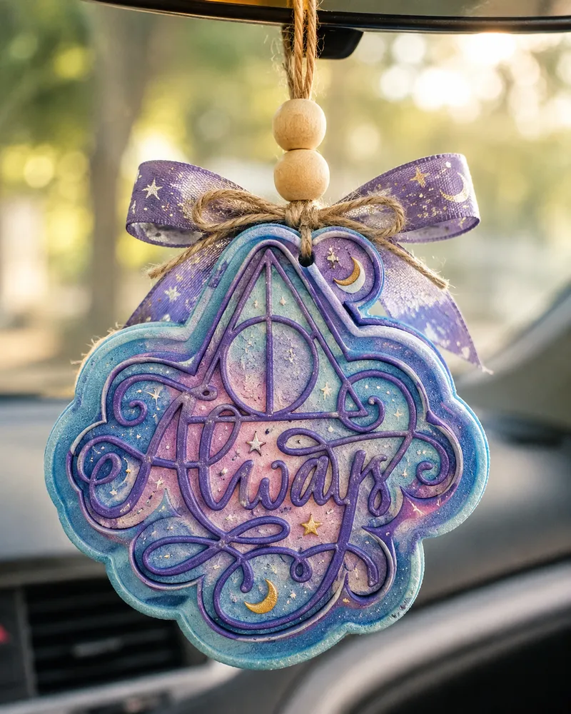 Handmade car freshie with the word Always in western cursive script, a scented aroma bead air freshener hanging from a car rearview mirror