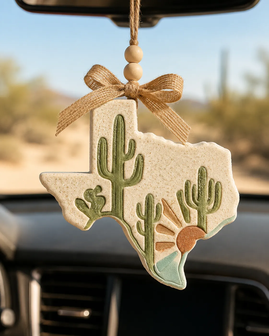 Handmade Texas cactus car freshie scented aroma bead air freshener shaped like a green cactus over the state of Texas, hanging from a car rearview mirror with a western country boho southwest style.