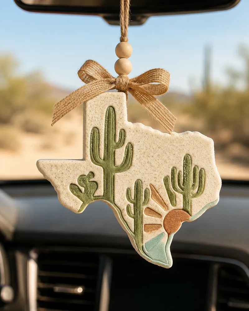 Handmade Texas cactus car freshie scented aroma bead air freshener shaped like a green cactus over the state of Texas, hanging from a car rearview mirror with a western country boho southwest style.