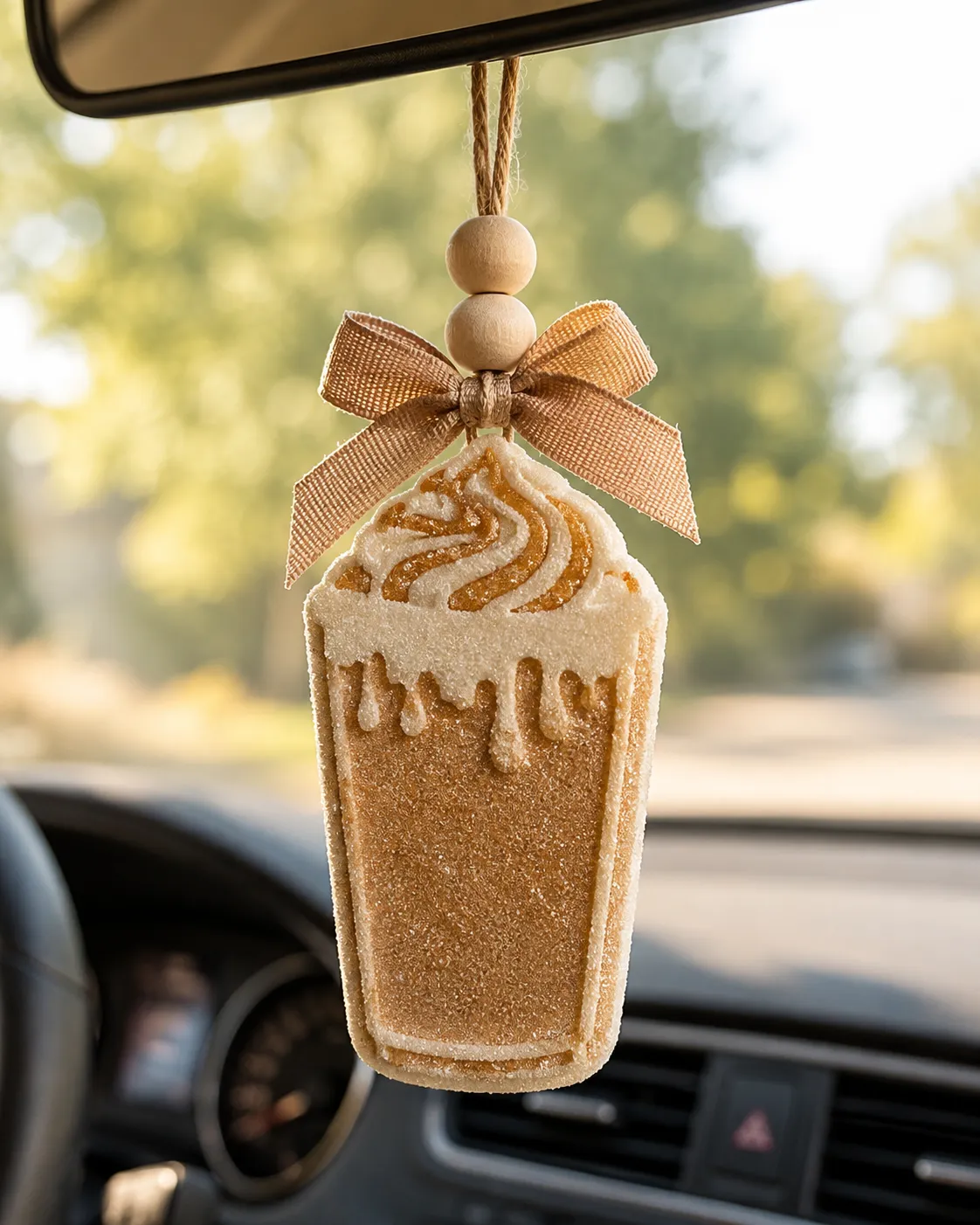 Handmade drippy frappe cup car freshie shaped like an iced coffee with whipped cream top, a scented aroma bead air freshener hanging by an elastic cord for car decor.