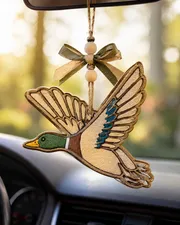 Handmade duck-shaped car freshie made of scented aroma beads hanging from a car rearview mirror, country western novelty air freshener.
