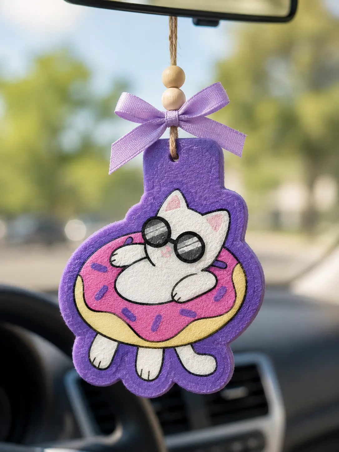 Handmade cat-shaped car freshie of a kitten lounging on a pool float inflatable, a scented aroma bead air freshener for hanging on a car rearview mirror.