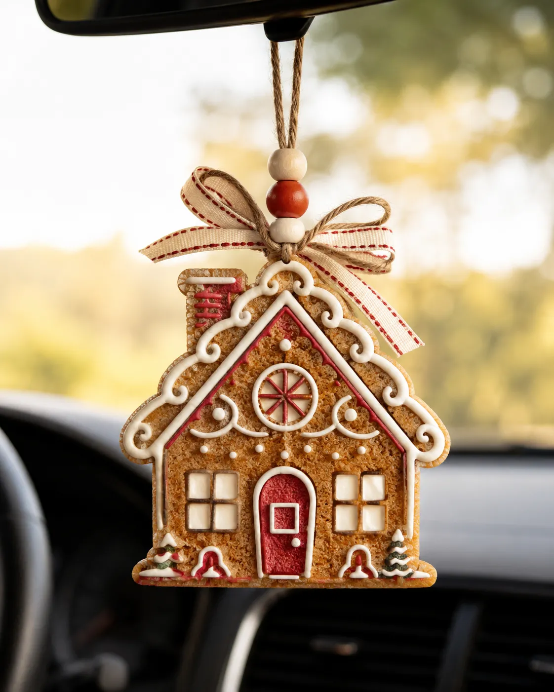Handmade gingerbread house shaped car freshie scented air freshener with festive holiday icing details