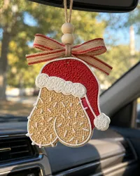 Handmade Hairy Christmas Balls car freshie, a fuzzy ornament-shaped scented aroma bead air freshener hanging from a rearview mirror as a funny novelty Christmas gag gift.