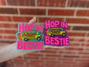 Handmade scented aroma bead car freshie air freshener reading HOP IN BESTIE in hot-pink bubble letters with a cartoon yellow school bus on fire labeled STRUGGLE BUS, shown in teal-sage and purple versions.