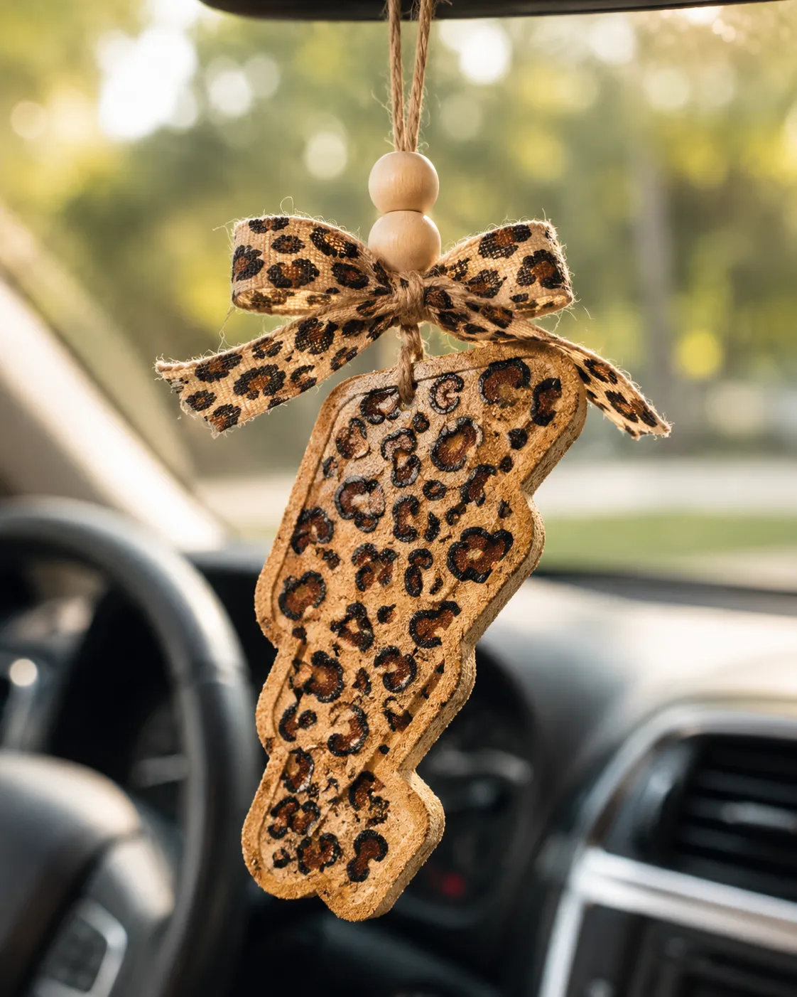 Handmade leopard print lightning bolt car freshie air freshener made of scented aroma beads, hanging on a Western boho style ribbon.