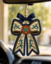 Handmade Texas Lone Star shaped car freshie scented aroma bead air freshener in western country style hanging from a car rearview mirror