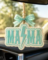 Handmade Mama word car freshie scented aroma bead air freshener hanging from a car rearview mirror, country-style mom gift.