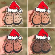 Christmas car freshie shaped like a cartoon Santa sack with a red and white Santa hat and a smiling face, shown in four skin-tone variations labeled Pale, Light, Medium, and Dark, each held in a hand outdoors over grass.