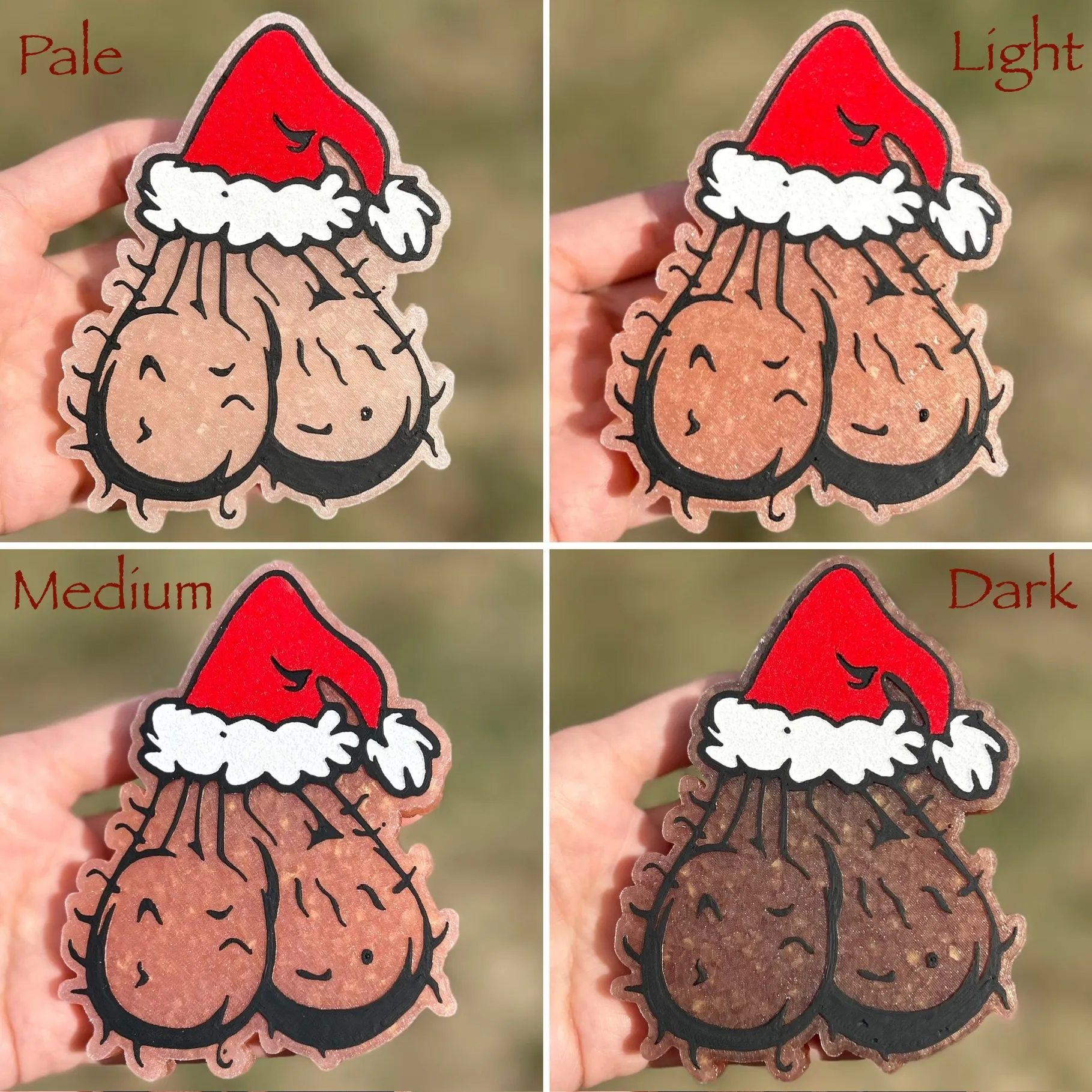 Christmas car freshie shaped like a cartoon Santa sack with a red and white Santa hat and a smiling face, shown in four skin-tone variations labeled Pale, Light, Medium, and Dark, each held in a hand outdoors over grass.