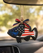Handmade patriotic USA fish-shaped freshie car air freshener decorated in red, white, and blue American flag colors, made of scented aroma beads with a hanging loop for a rearview mirror.