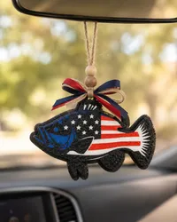 Handmade patriotic USA fish-shaped freshie car air freshener decorated in red, white, and blue American flag colors, made of scented aroma beads with a hanging loop for a rearview mirror.