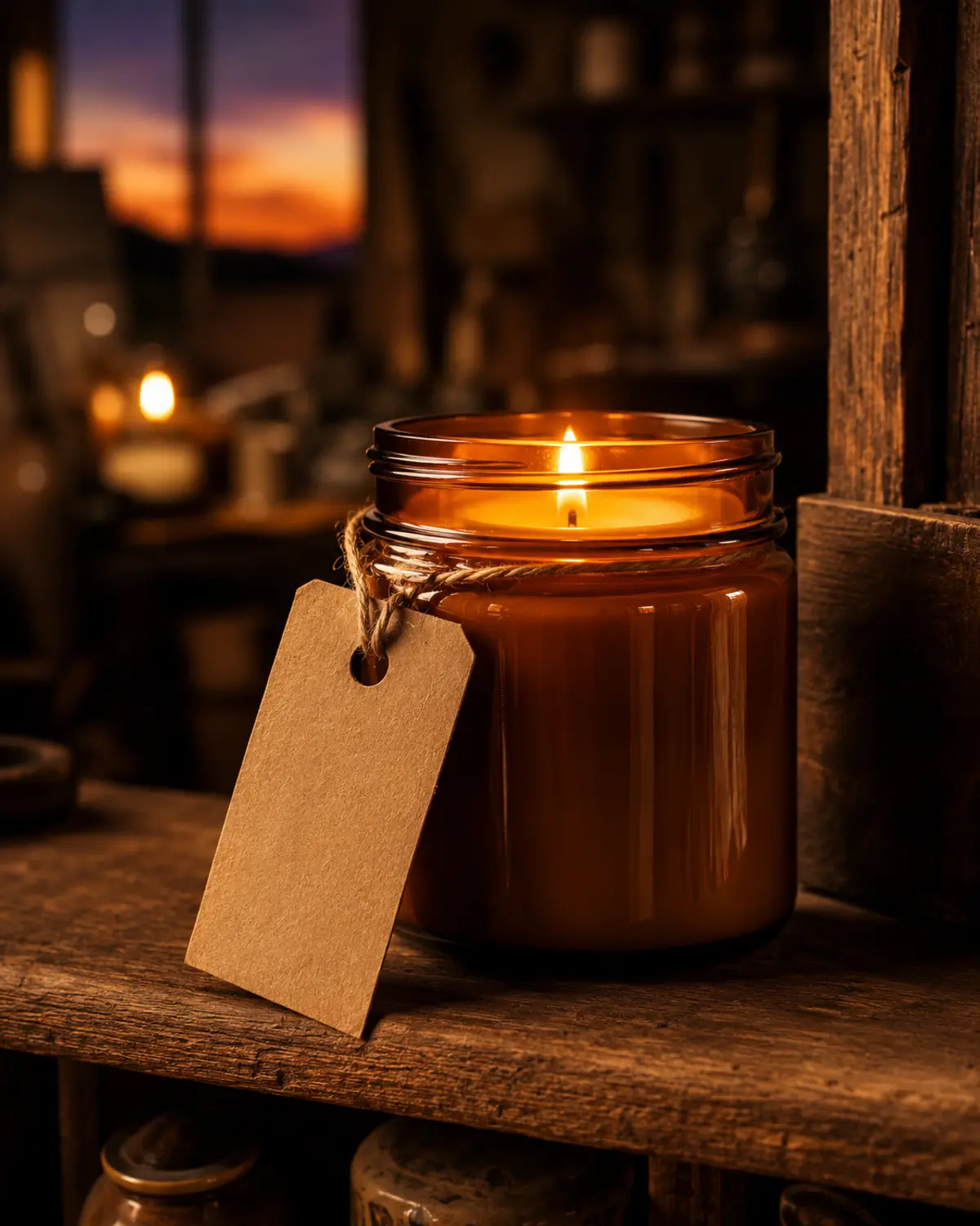 A lit hand-poured candle in an amber glass jar with a kraft swing tag