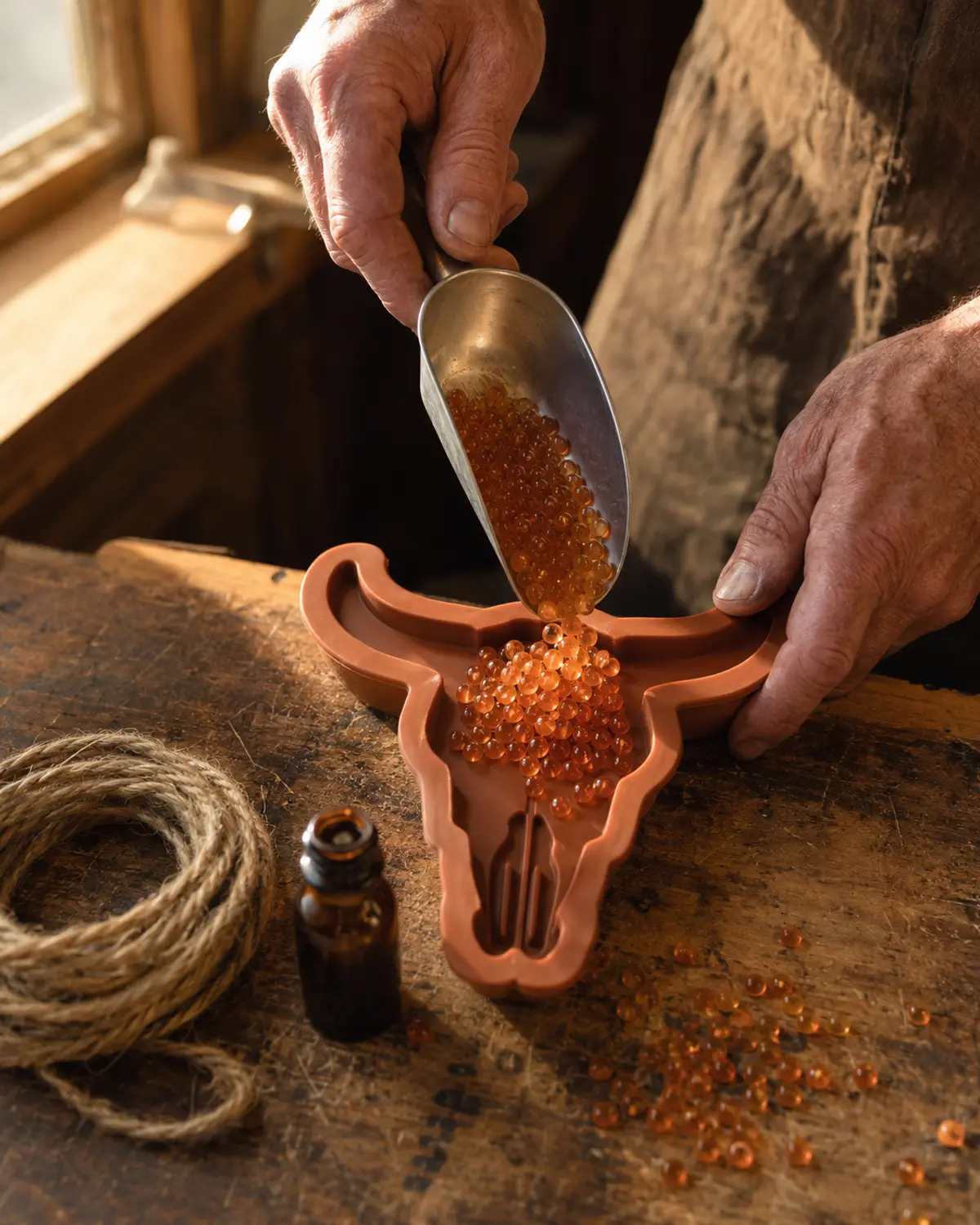 Pouring tinted aroma beads into a steer skull silicone freshie mold