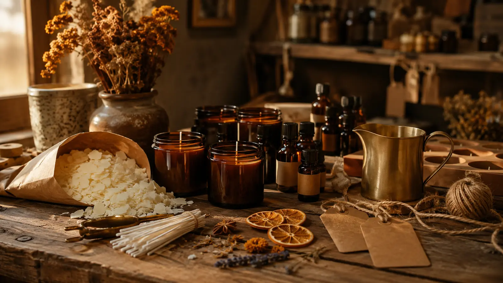 The Freshie Supply maker workbench with wax flakes, amber jars, fragrance oils and wicks
